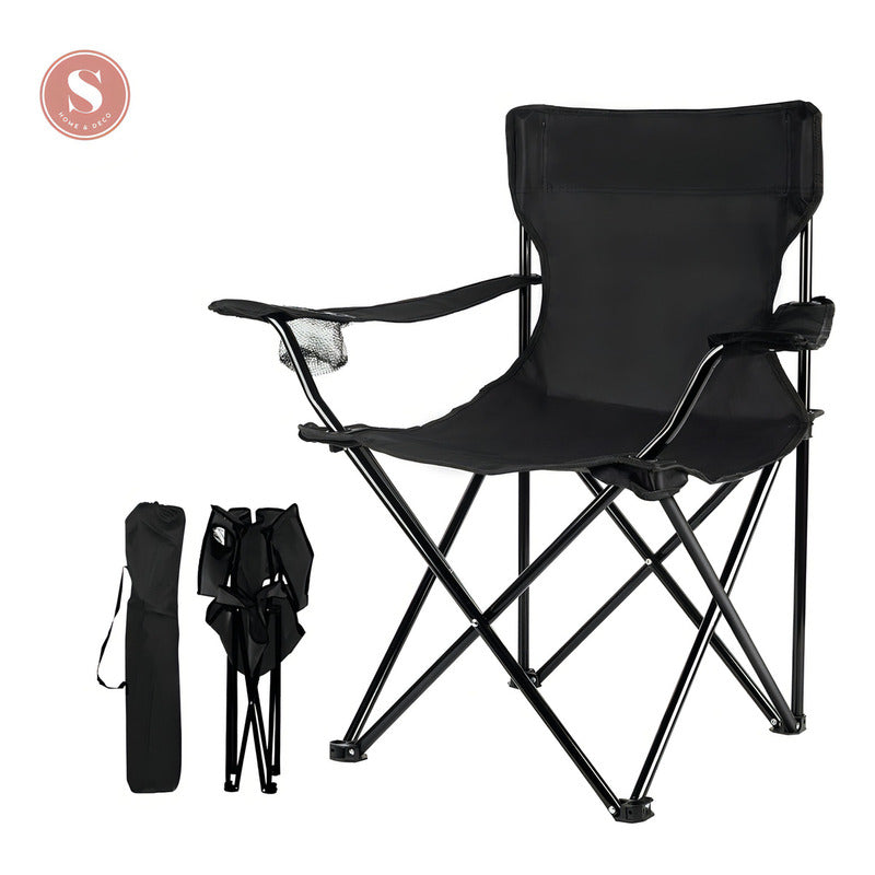 Silla Plegable De Playa Camping Con Bolso De Transporte Y Posavasos Color Negro Santu Home & Deco