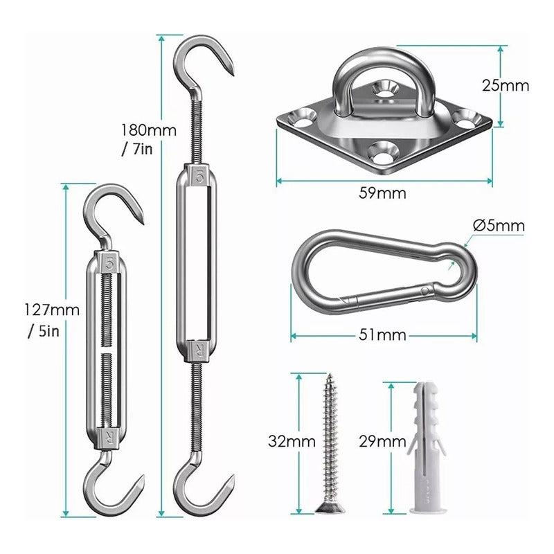 X2 Kit Anclaje Para Toldo Vela Ganchos De Acero Inoxidable