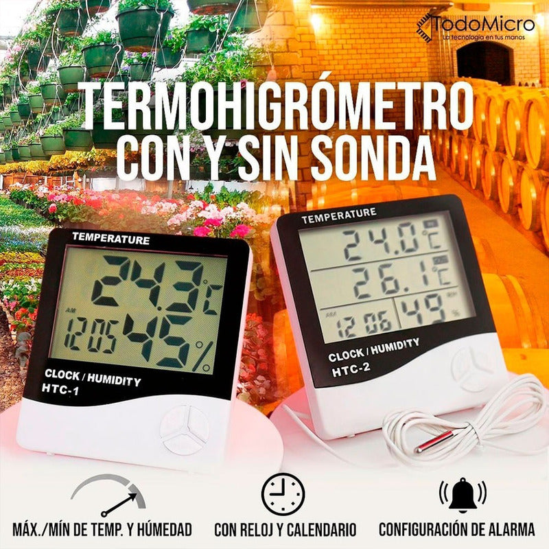 Termometro Temperatura Htc-2 Reloj Higrometro Humedad Sonda