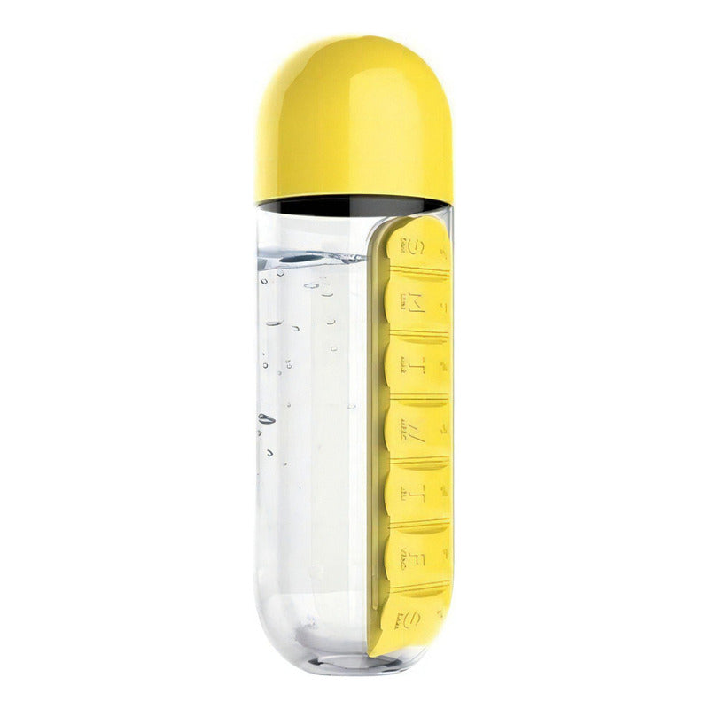 2 En 1 Botella 600ml Organizador Pastillero Semanal Color Amarillo